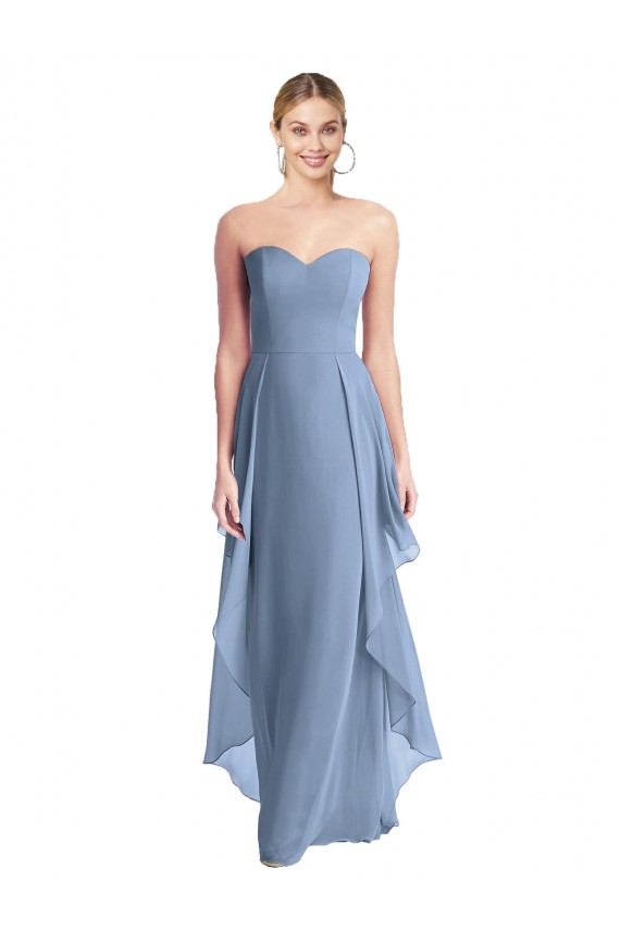 Acheter Bleu poussiéreux Trapèze Sans bretelle Mousseline Longue Robes demoiselle d'honneur