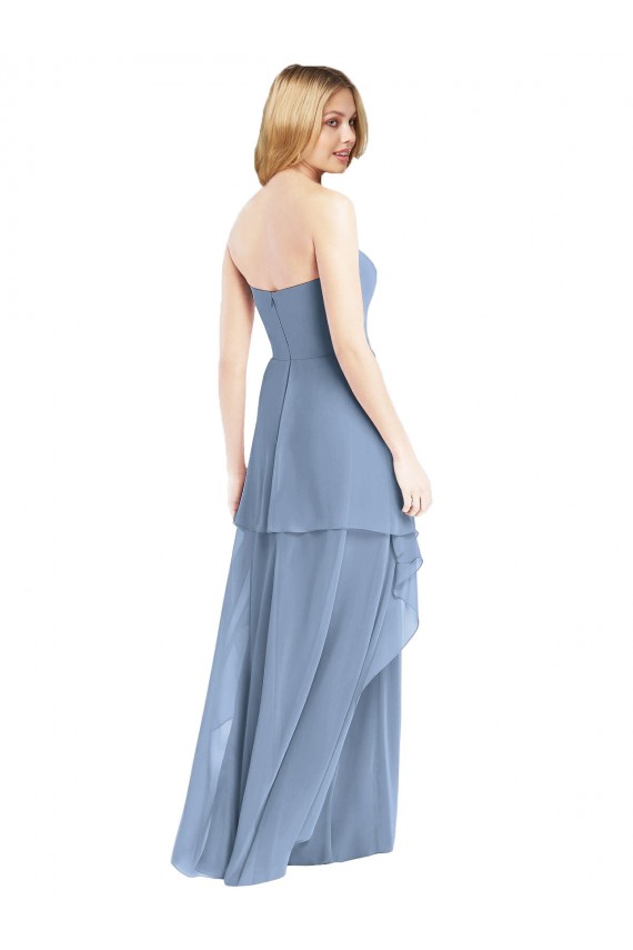 Acheter Bleu poussiéreux Trapèze Sans bretelle Mousseline Longue Robes demoiselle d'honneur