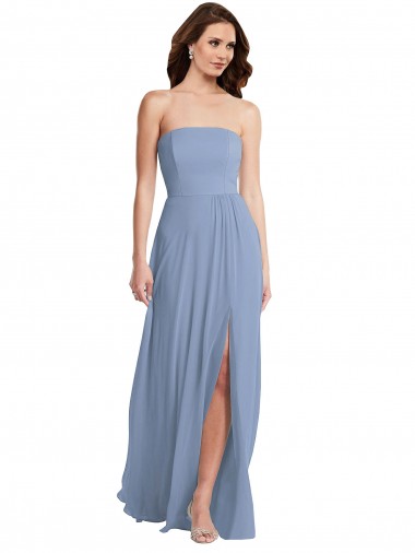 Acheter Bleu poussiéreux Trapèze Sans bretelle Mousseline Longue Robes demoiselle d'honneur
