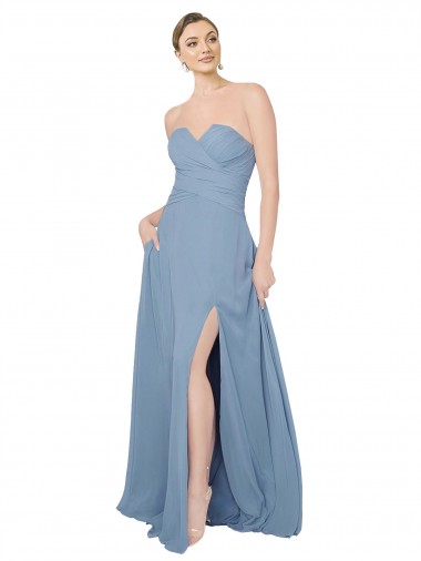 Acheter Bleu poussiéreux Trapèze Sans bretelle Mousseline Longue Robes demoiselle d'honneur
