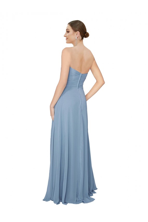 Acheter Bleu poussiéreux Trapèze Sans bretelle Mousseline Longue Robes demoiselle d'honneur