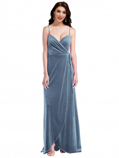 Acheter Bleu poussiéreux Trapèze Velours Stretch Longue Robes demoiselle d'honneur / Robes de bal