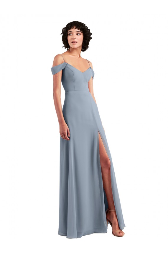 Acheter Bleu poussiéreux Trapèze Épaule Dénudée Bretelles spaghetti Mousseline Longue Robes demoiselle d'honneur