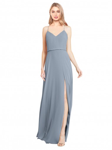 Acheter Bleu poussiéreux Trapèze Épaule Dénudée Bretelles spaghetti Mousseline Longue Robes demoiselle d'honneur