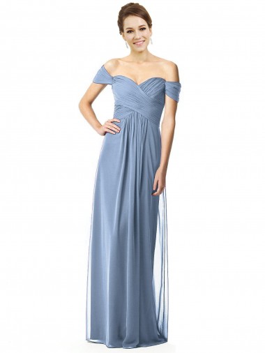 Acheter Bleu poussiéreux Trapèze Épaule Dénudée Mousseline Longue Robes demoiselle d'honneur