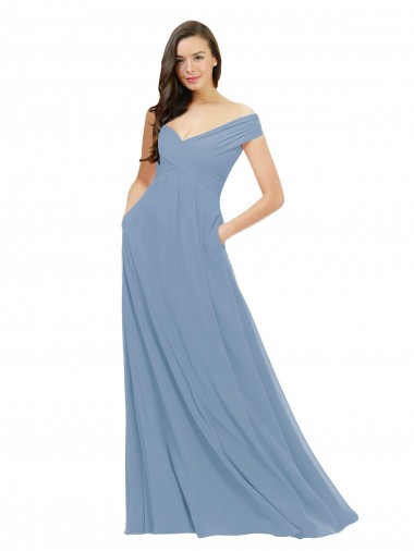 Acheter Bleu poussiéreux Trapèze Épaule Dénudée Mousseline Longue Robes demoiselle d'honneur
