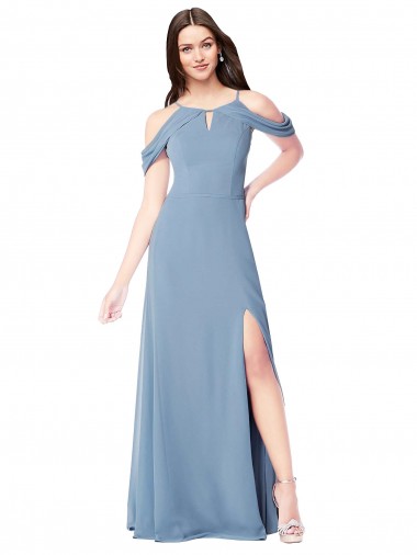 Acheter Bleu poussiéreux Trapèze Épaule Dénudée Mousseline Longue Robes demoiselle d'honneur