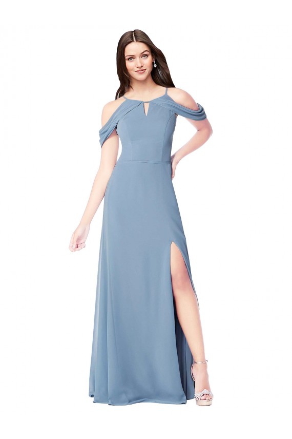 Acheter Bleu poussiéreux Trapèze Épaule Dénudée Mousseline Longue Robes demoiselle d'honneur
