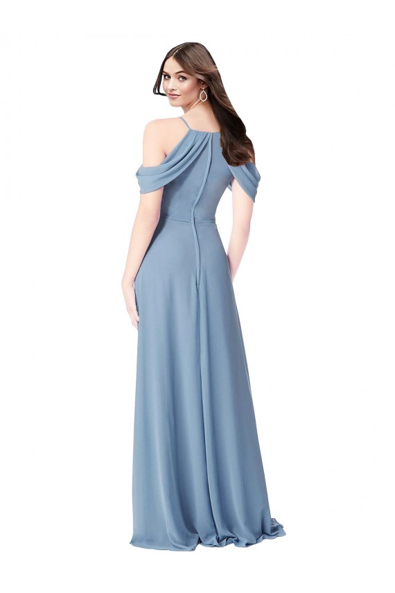 Acheter Bleu poussiéreux Trapèze Épaule Dénudée Mousseline Longue Robes demoiselle d'honneur