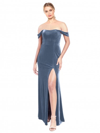 Acheter Bleu poussiéreux Trapèze Épaule Dénudée Sans bretelle Velours Stretch Longue Robes demoiselle d'honneur / Robes de bal