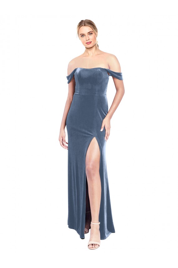 Acheter Bleu poussiéreux Trapèze Épaule Dénudée Sans bretelle Velours Stretch Longue Robes demoiselle d'honneur / Robes de bal