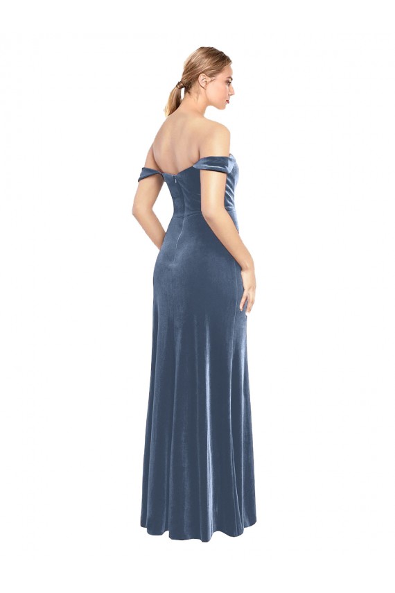 Acheter Bleu poussiéreux Trapèze Épaule Dénudée Sans bretelle Velours Stretch Longue Robes demoiselle d'honneur / Robes de bal