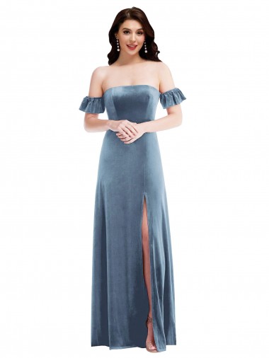 Acheter Bleu poussiéreux Trapèze Épaule Dénudée Velours Stretch Longue Robes demoiselle d'honneur / Robes de bal