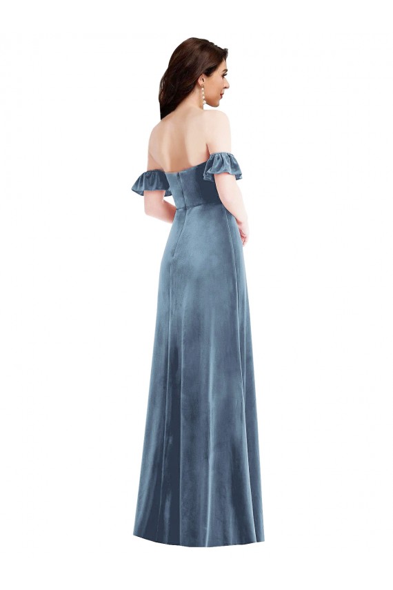 Acheter Bleu poussiéreux Trapèze Épaule Dénudée Velours Stretch Longue Robes demoiselle d'honneur / Robes de bal