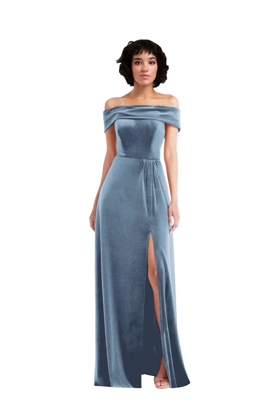 Acheter Bleu poussiéreux Trapèze Épaule Dénudée Velours Stretch Longue Robes demoiselle d'honneur / Robes de bal