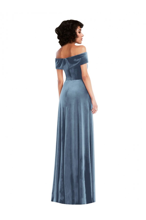 Acheter Bleu poussiéreux Trapèze Épaule Dénudée Velours Stretch Longue Robes demoiselle d'honneur / Robes de bal