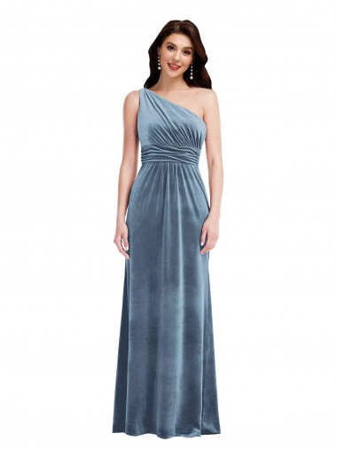 Acheter Bleu poussiéreux Trapèze Épaule Dénudée Velours Stretch Longue Robes demoiselle d'honneur / Robes de bal