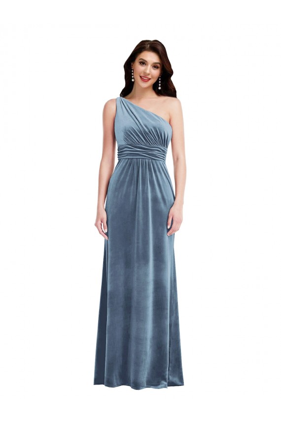 Acheter Bleu poussiéreux Trapèze Épaule Dénudée Velours Stretch Longue Robes demoiselle d'honneur / Robes de bal