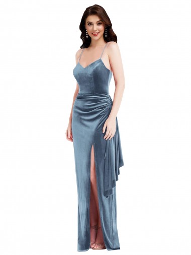 Acheter Bleu poussiéreux Trompette Bretelles spaghetti Velours Stretch Longue Formelles Robes demoiselle d'honneur / Robes de soirée / Robes de bal