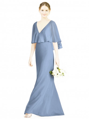 Acheter Bleu poussiéreux Trompette Col V Mousseline Longue Robes demoiselle d'honneur