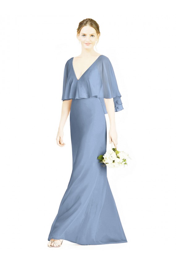 Acheter Bleu poussiéreux Trompette Col V Mousseline Longue Robes demoiselle d'honneur