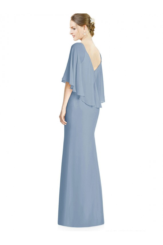 Acheter Bleu poussiéreux Trompette Col V Mousseline Longue Robes demoiselle d'honneur
