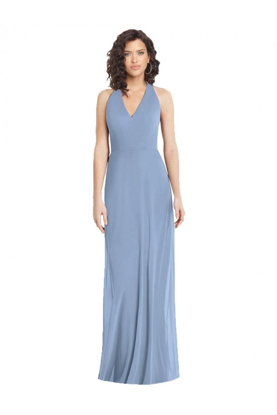 Acheter Bleu poussiéreux Trompette Licou Col V Mousseline Longue Formelles Robes demoiselle d'honneur / Robes de soirée