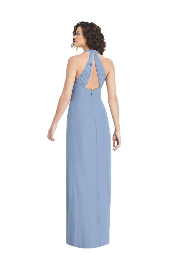 Acheter Bleu poussiéreux Trompette Licou Col V Mousseline Longue Formelles Robes demoiselle d'honneur / Robes de soirée
