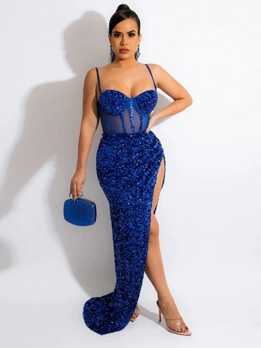 Acheter Bleu roi Fourreau Bretelles spaghetti Balayage train Paillettes Velours Longue Robes de bal