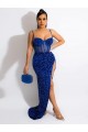 Acheter Bleu roi Fourreau Bretelles spaghetti Balayage train Paillettes Velours Longue Robes de bal