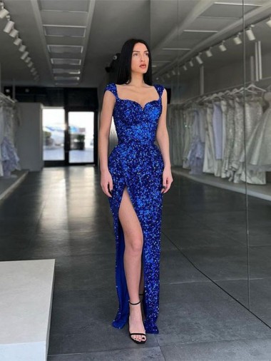 Acheter Bleu roi Fourreau Bretelles spaghetti Balayage train Paillettes Velours Longue Robes de bal