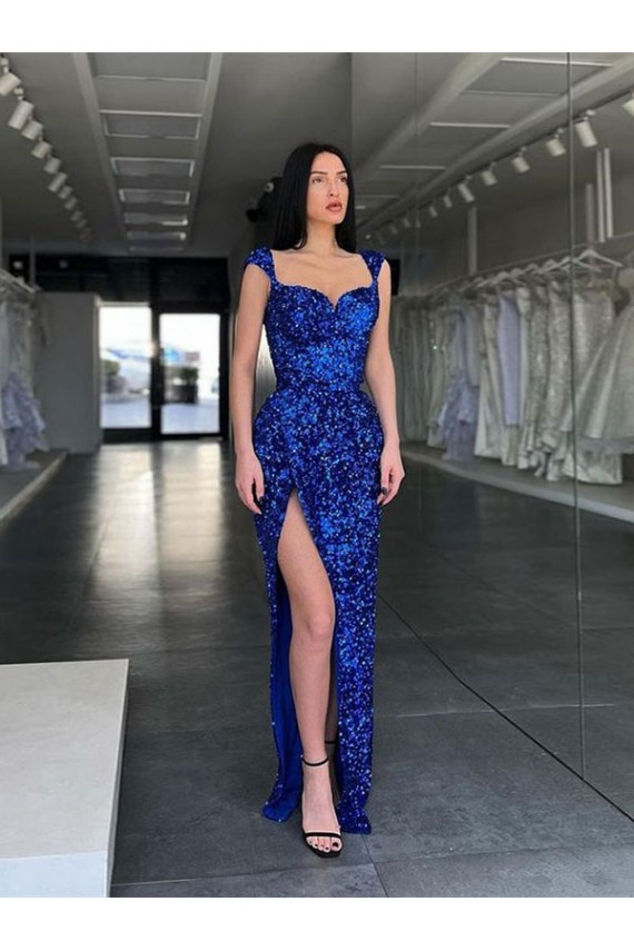Acheter Bleu roi Fourreau Bretelles spaghetti Balayage train Paillettes Velours Longue Robes de bal