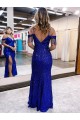 Acheter Bleu roi Fourreau Bretelles spaghetti Col V Paillettes Velours Longue Robes de bal