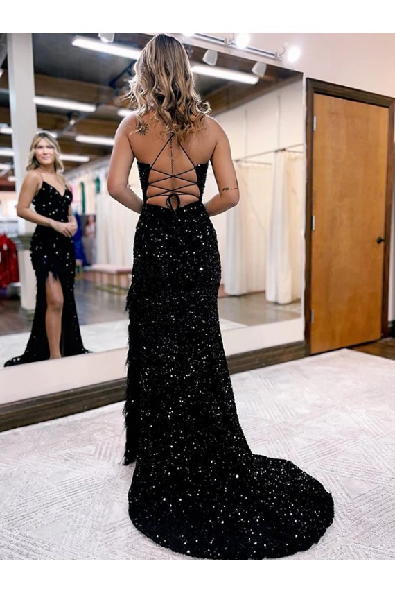 Acheter Bleu roi Fourreau Col V Balayage train Paillettes Velours Longue Robes de bal