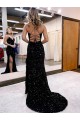 Acheter Bleu roi Fourreau Col V Balayage train Paillettes Velours Longue Robes de bal