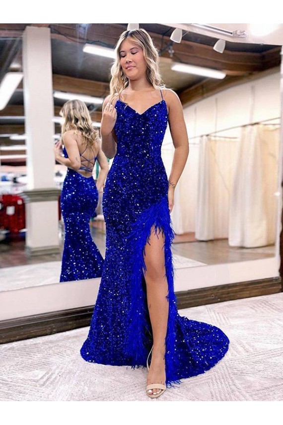 Acheter Bleu roi Fourreau Col V Balayage train Paillettes Velours Longue Robes de bal