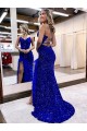 Acheter Bleu roi Fourreau Col V Balayage train Paillettes Velours Longue Robes de bal