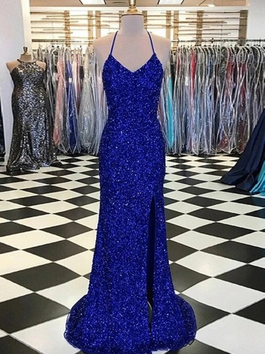 Acheter Bleu roi Fourreau Col V Balayage train Paillettes Velours Longue Robes de bal