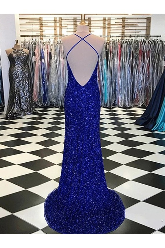 Acheter Bleu roi Fourreau Col V Balayage train Paillettes Velours Longue Robes de bal