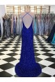 Acheter Bleu roi Fourreau Col V Balayage train Paillettes Velours Longue Robes de bal
