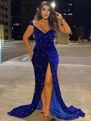 Acheter Bleu roi Fourreau Col V Balayage train Paillettes Velours Longue Robes de bal