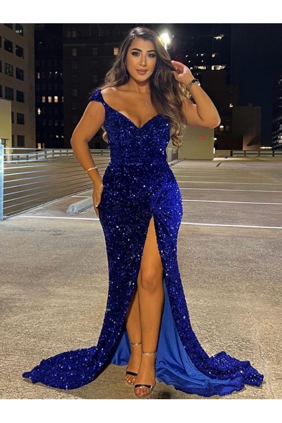 Acheter Bleu roi Fourreau Col V Balayage train Paillettes Velours Longue Robes de bal