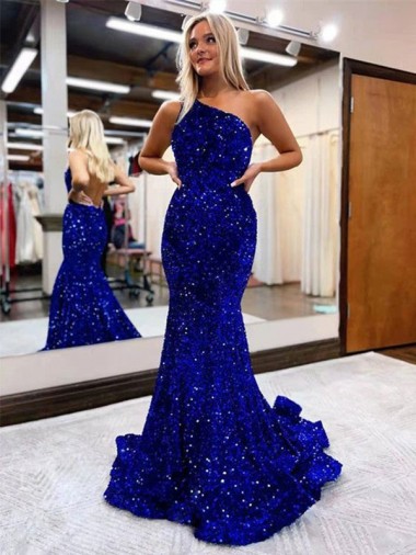 Acheter Bleu roi Sirène Balayage train Paillettes Velours Longue Robes de bal