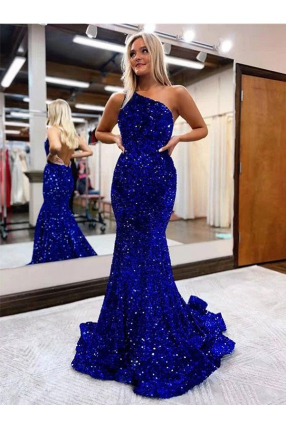 Acheter Bleu roi Sirène Balayage train Paillettes Velours Longue Robes de bal
