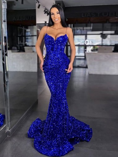 Acheter Bleu roi Sirène Bretelles spaghetti Balayage train Paillettes Velours Longue Robes de bal