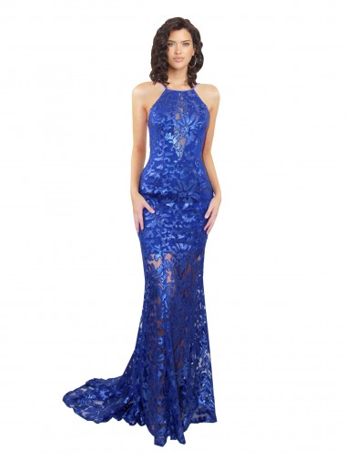 Acheter Bleu roi Sirène Col Haut Dentelle Longue Robes demoiselle d'honneur / Robes de bal