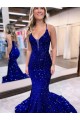 Acheter Bleu roi Sirène Col V Traîne moyenne Paillettes Velours Longue Robes de bal