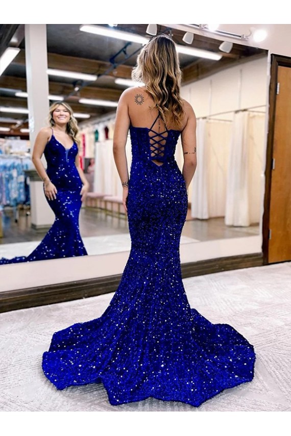 Acheter Bleu roi Sirène Col V Traîne moyenne Paillettes Velours Longue Robes de bal