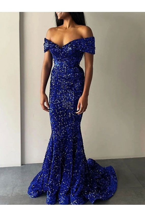 Acheter Bleu roi Sirène Épaule Dénudée Balayage train Paillettes Velours Longue Robes de bal