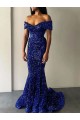 Acheter Bleu roi Sirène Épaule Dénudée Balayage train Paillettes Velours Longue Robes de bal